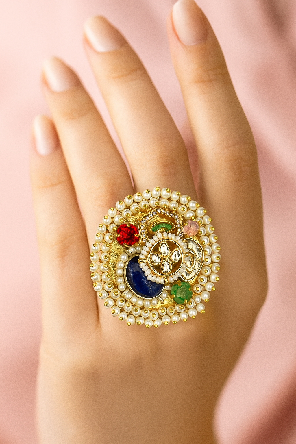 Multicolor Stone Pearl Adjustable Ring